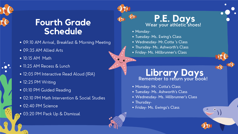 Visual Forth Grade Schedule w/ gym and library reminders